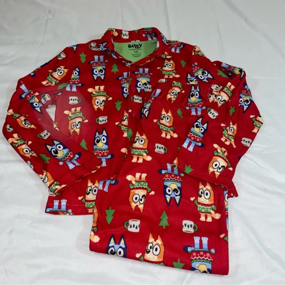 Bluey Christmas Fleece Pajamas Set Red Holiday Bingo Boys Girls Size 12